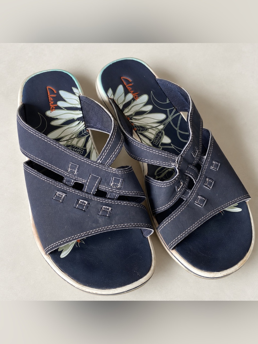 Clarks Collection Navy Floral Footbed Slide Sandals Seabreeze Daisy drift 10M